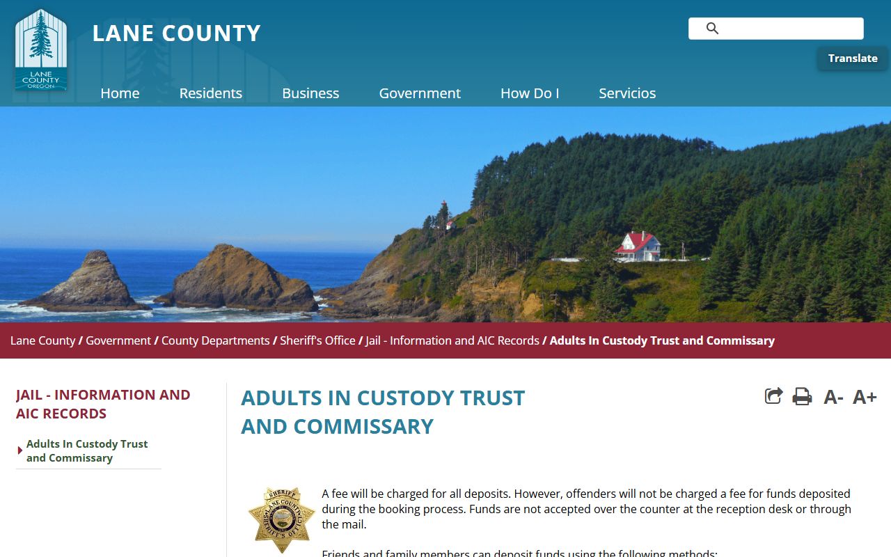 Lane County Jail commissary and inmate money deposit information