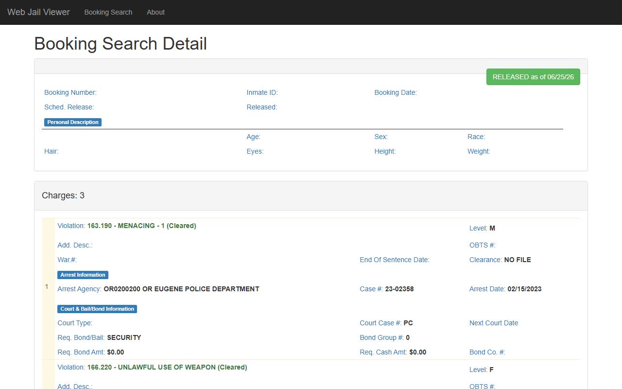 Lane County inmate population sample booking detail fields