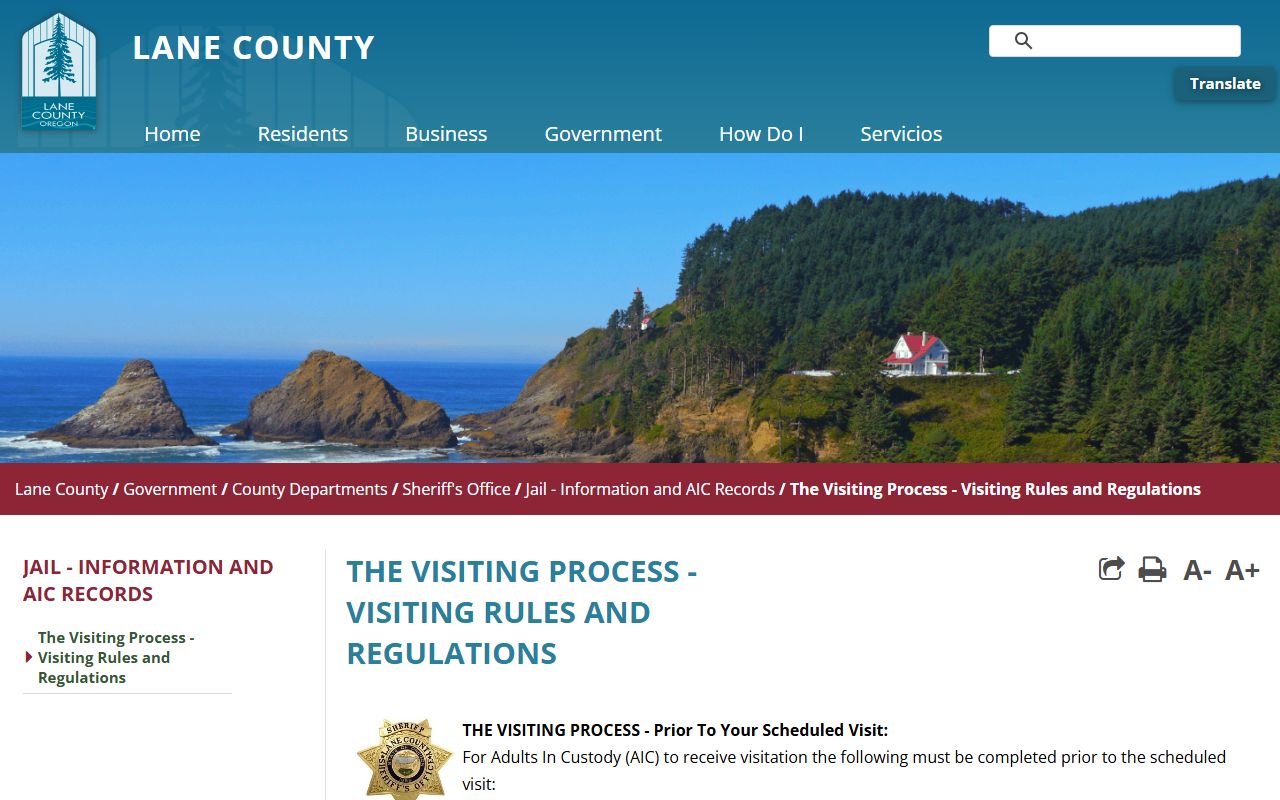 Lane County Jail visiting rules for inmates and AIC visits